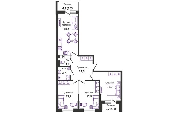 Планировка 3-комн 77,5 м²