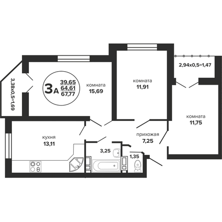 Планировка 3-комн 67,77 м²
