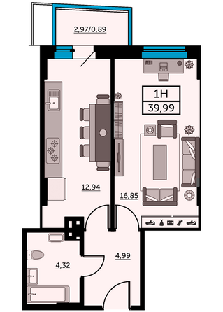 Планировка 1-комн 40,11 - 40,15 м²