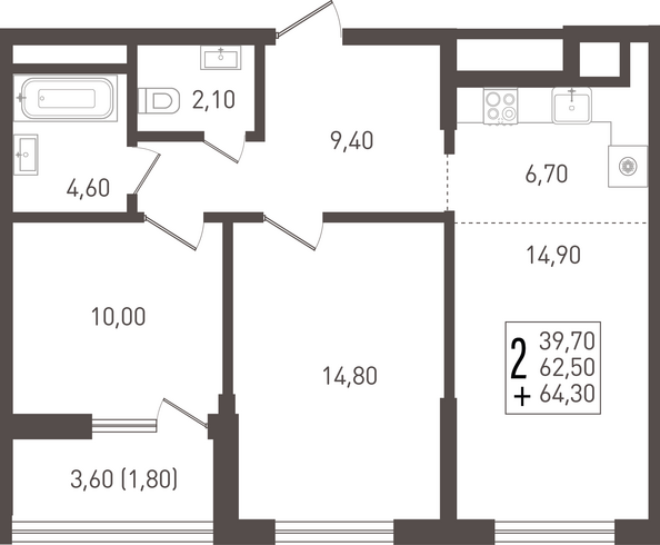 Планировка 2-комн 64,3 м²