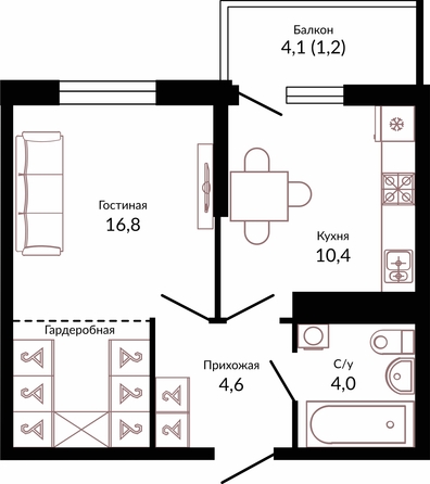 Планировка 1-комн 37 м²