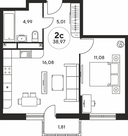 Планировка 2-комн 38,68 - 39,02 м²