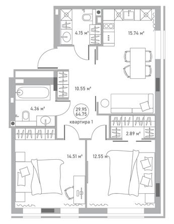 Планировка 2-комн 64,75 м²