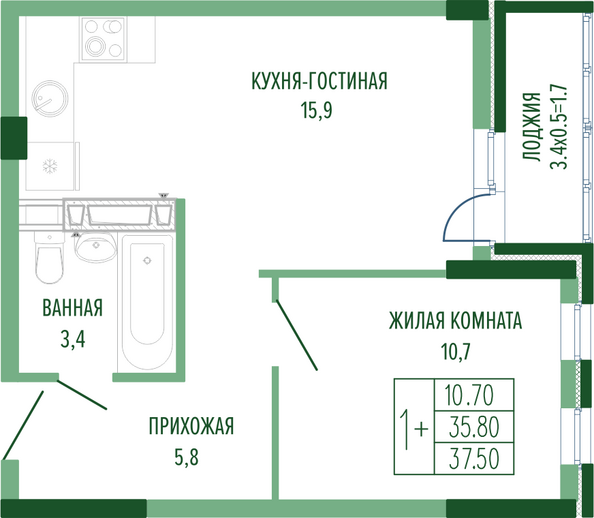 Планировка 1-комн 37,5 м²