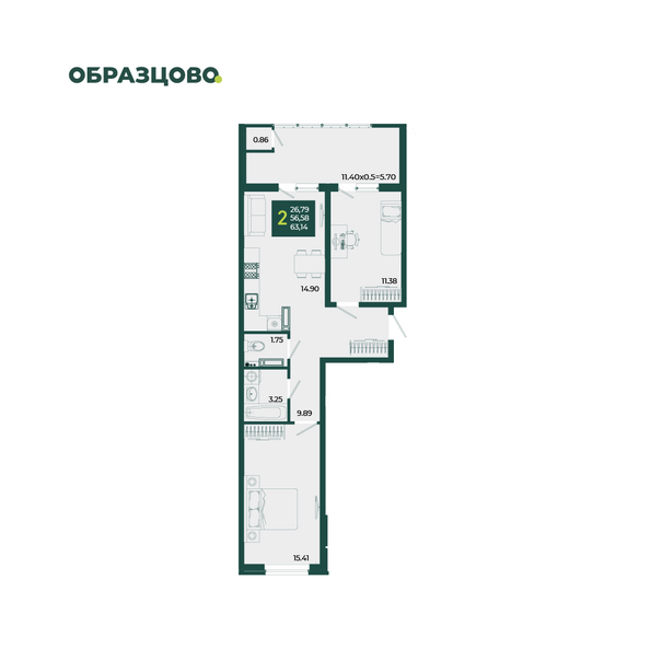 Планировка 2-комн 63,14 м²