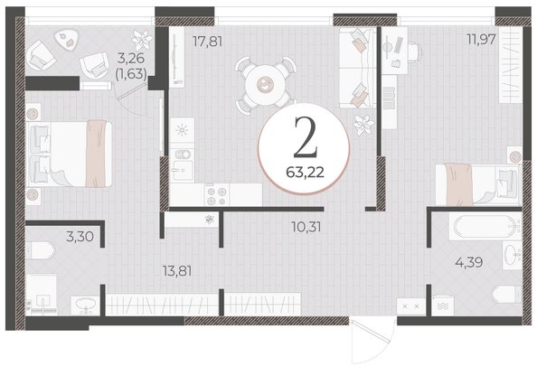 Планировка 2-комн 63,22 м²
