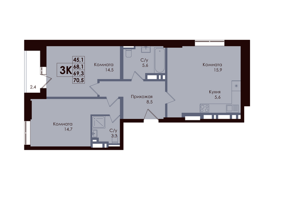 Планировка 3-комн 69,3 м²