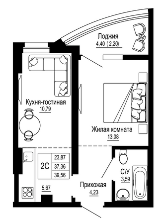 Планировка 1-комн 40,17 м²