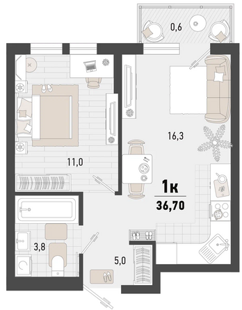 Планировка 1-комн 36,7 м²