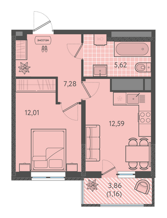 Планировка 1-комн 37,93 - 39,43 м²