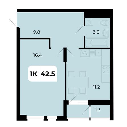 Планировка 1-комн 42,5 м²