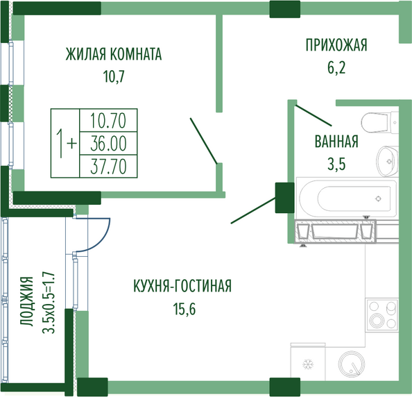 Планировка 1-комн 37,7 м²