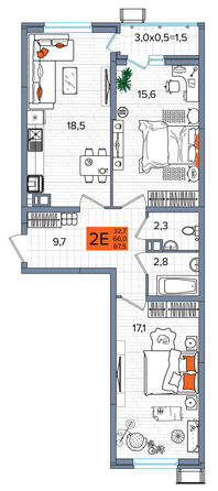 Планировка 2-комн 67,5 м²
