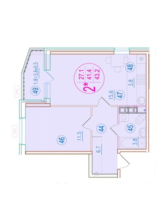 Планировка 2-комн 43,2 м²