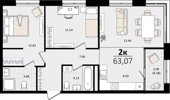 Планировка 3-комн 63,07 м²