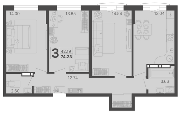 Планировка 3-комн 74,21, 74,23 м²