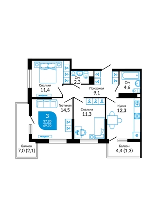 Планировка 3-комн 69,7 м²
