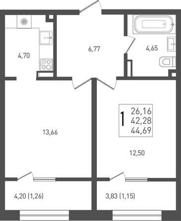 Планировка 1-комн 44,69 м²