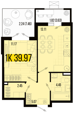 Планировка 1-комн 39,97 м²