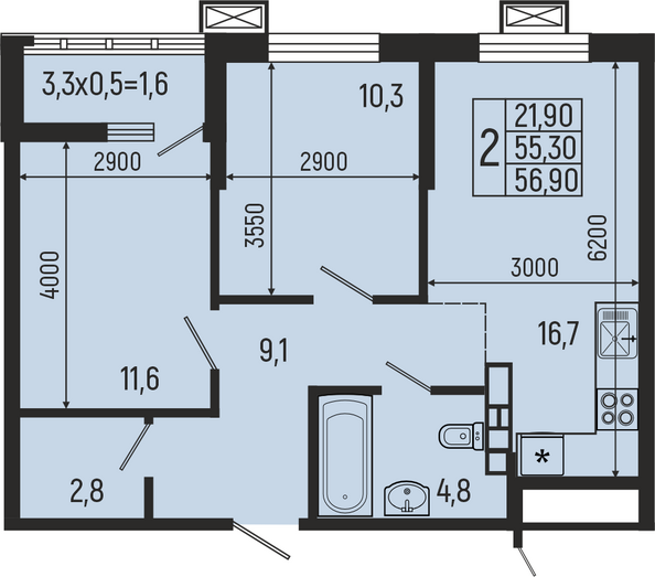Планировка 2-комн 56,9 м²