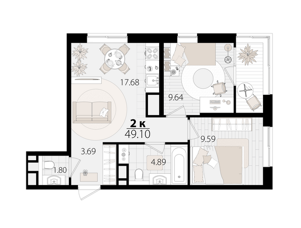 Планировка 2-комн 48,42 м²