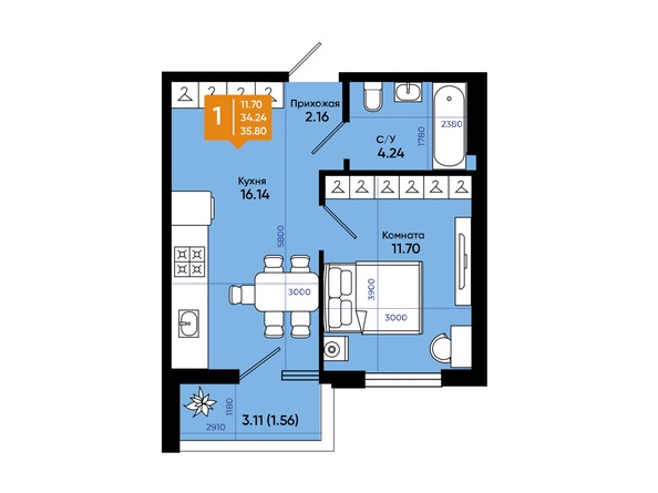 Планировка 1-комн 35,3, 35,8 м²