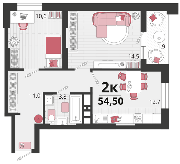 Планировка 2-комн 54,5 м²