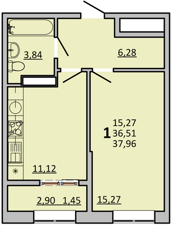 Планировка 1-комн 37,96 м²