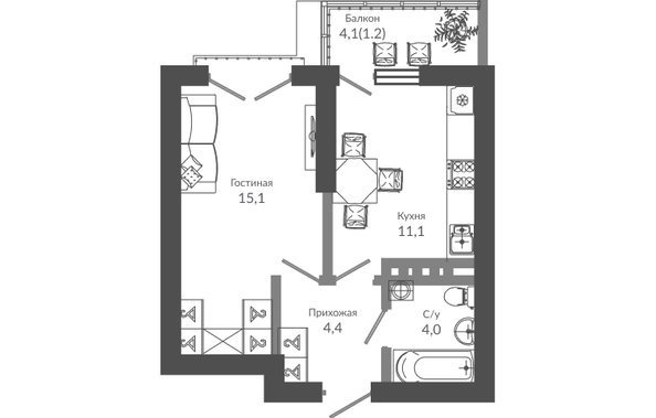 Планировка 1-комн 35,8 м²