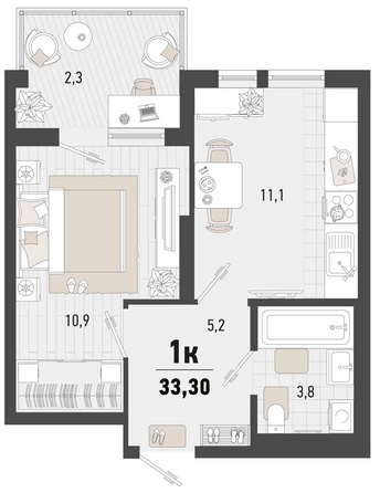 Планировка 1-комн 33,2, 33,3 м²