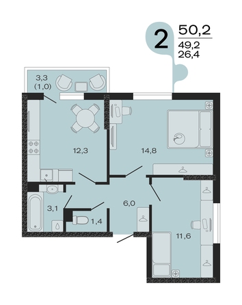 Планировка 2-комн 50,2 м²