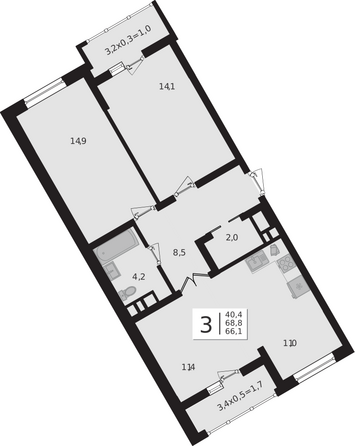 Планировка 3-комн 68,8 м²