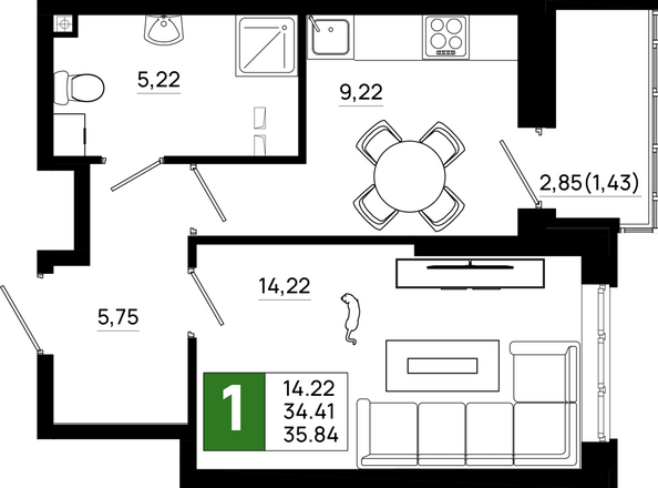 Планировка 1-комн 35,84 м²