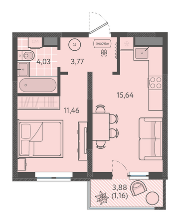 Планировка 1-комн 35,7 - 36,1 м²