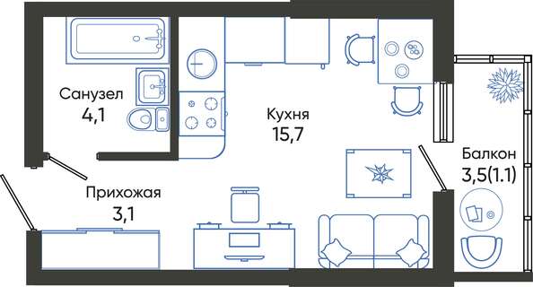 Планировка Доля в квартире 24 м²