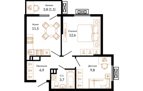 Планировка 2-комн 45,6 м²