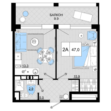 Планировка 2-комн 47 м²