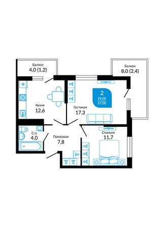 Планировка 2-комн 57 м²