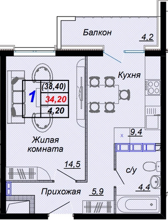 Планировка 1-комн 38,4 м²