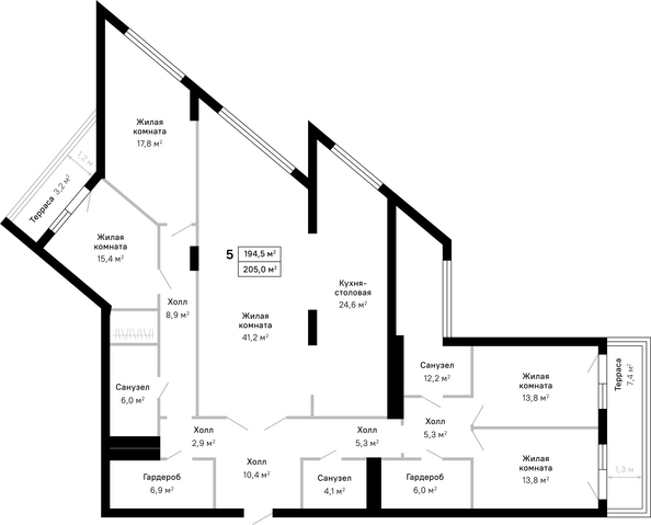 Планировка 5-комн 205 м²