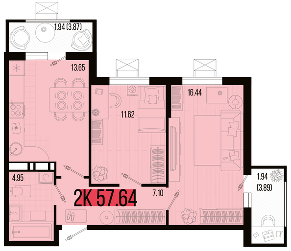 Планировка 2-комн 57,64 м²
