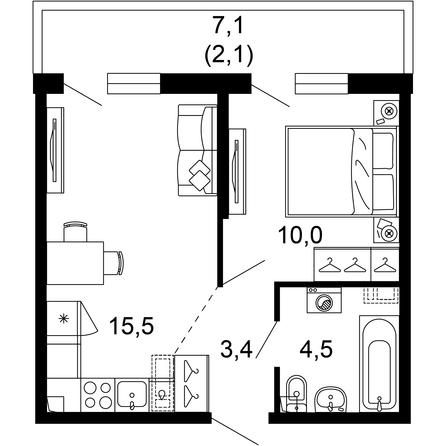 Планировка 1-комн 35,5 м²