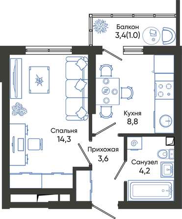 Планировка 1-комн 29,9 - 31,9 м²
