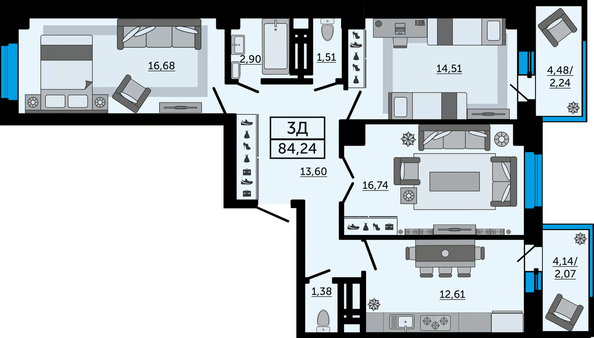 Планировка 3-комн 84,24 м²
