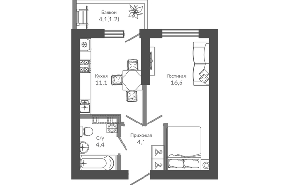 Планировка 1-комн 37,4 м²