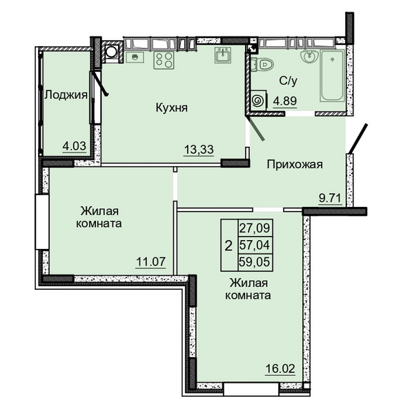 Планировка 2-комн 59,05 м²