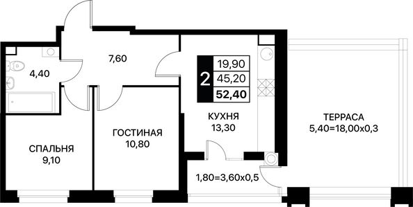 Планировка 2-комн 52,4 м²