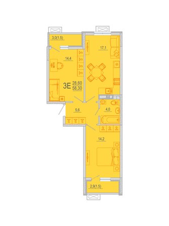 Планировка 2-комн 58,25 м²