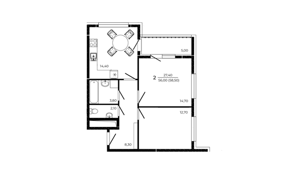 Планировка 2-комн 58,8 м²