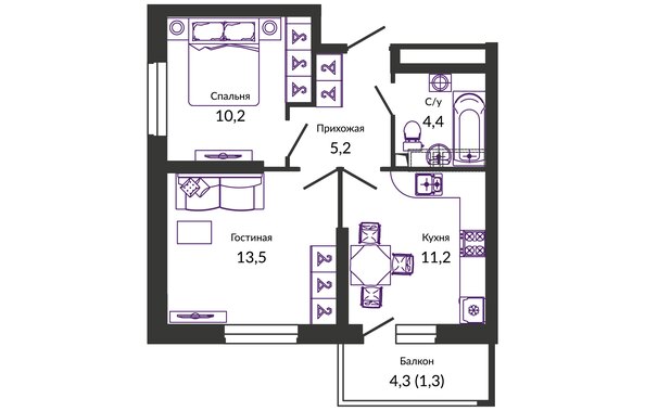 Планировка 2-комн 45,8 м²